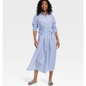Women's Long Sleeve Cinch Waist Maxi Shirtdress Universal Thread Blue Striped XL
